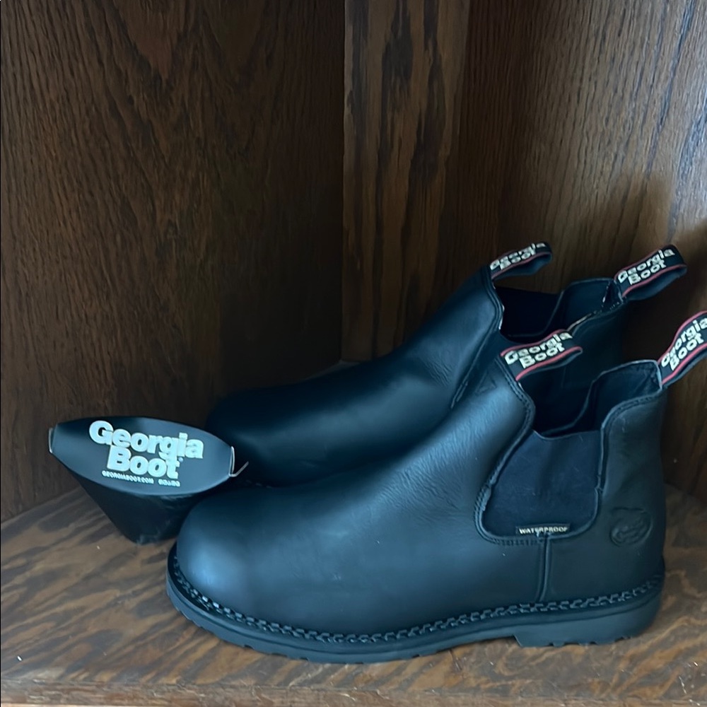 Georgia Boot Black Leather Chelsea Slip-On Work Boots
